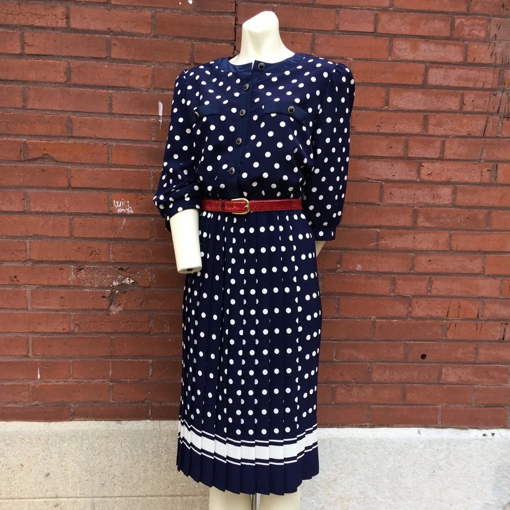 Vintage 80s Classic Navy Polka Dot Dress - Picture 3 of 6